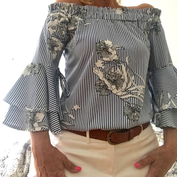 Blue and white striped floral off the shoulder top - Picture 2 of 5